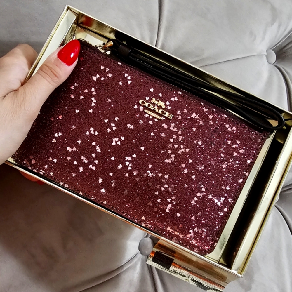 Coach Small Wristlet With Heart Glitter